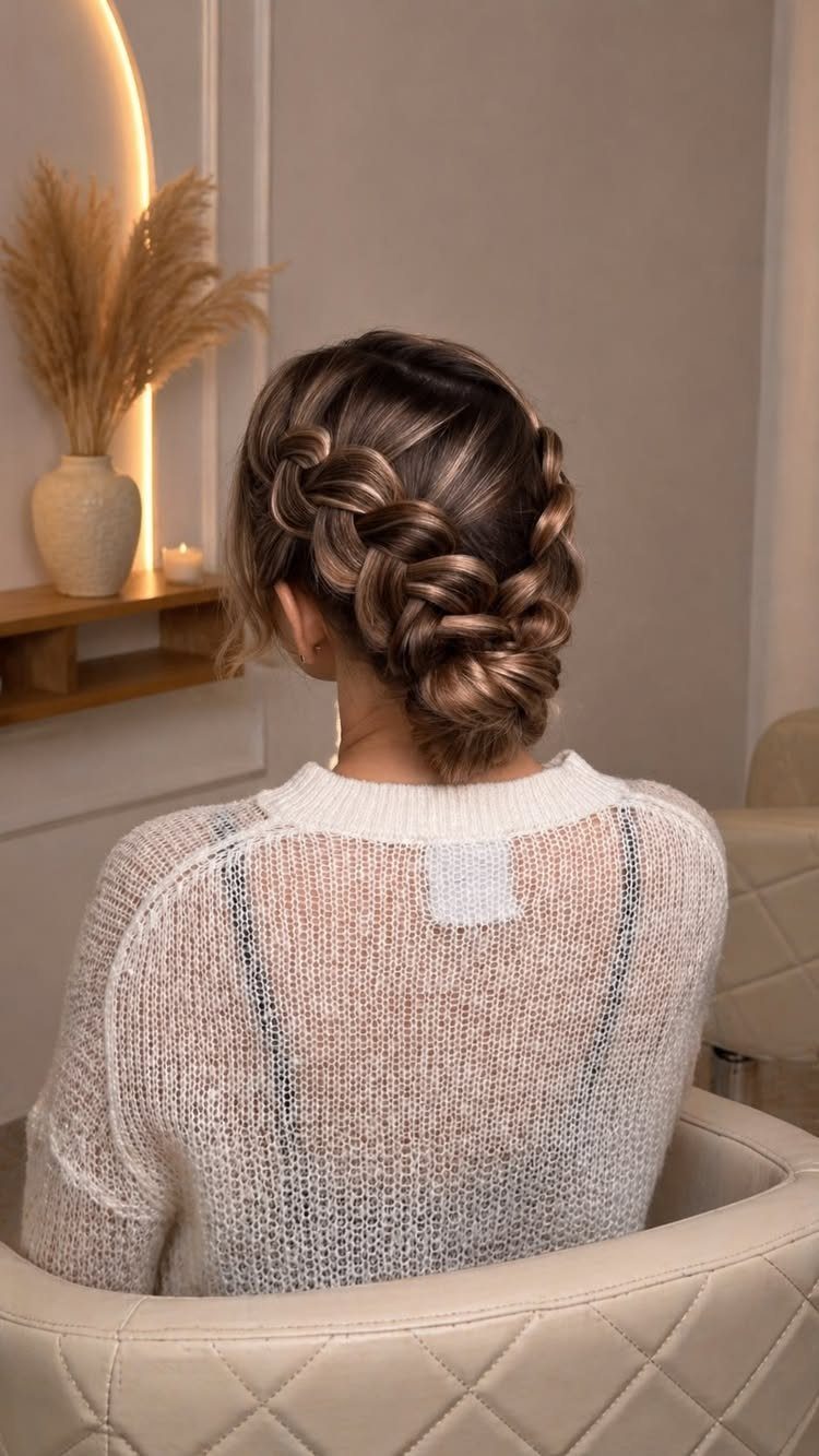 27 Bridesmaid Wedding Updo Hairstyles from Buns to Braids 10 Woman with brown hair in a complex Dutch braid updo wearing white sweater.