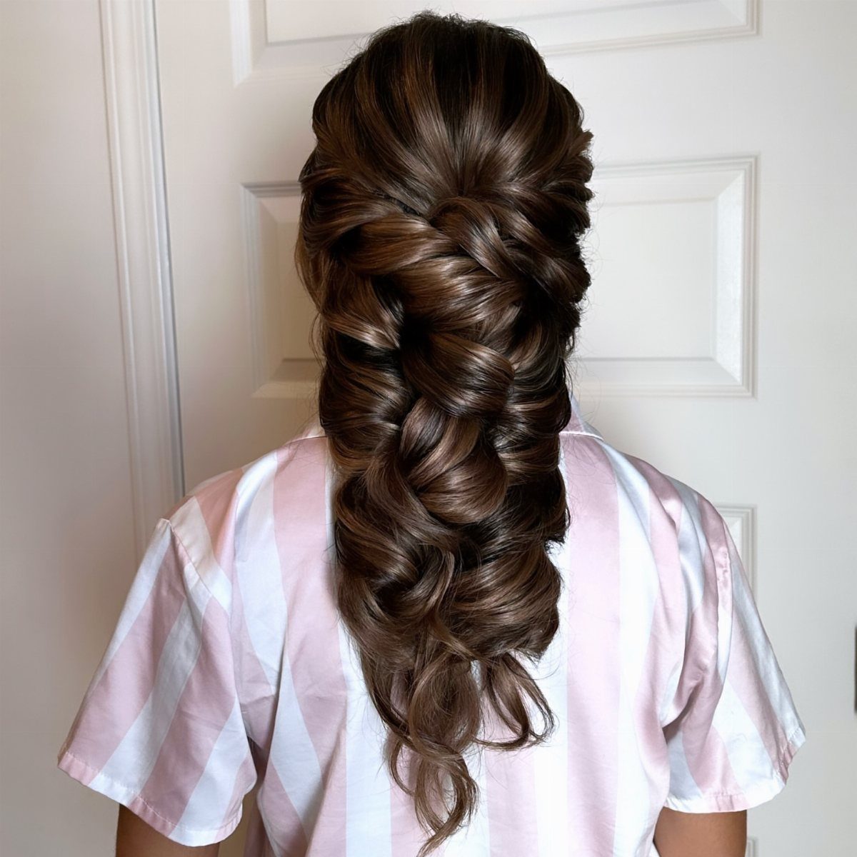 27 Bridesmaid Wedding Updo Hairstyles from Buns to Braids 22 Brown hair styled in a voluminous Greek goddess updo with cascading overlapping loops.