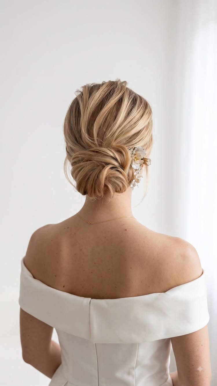 Wedding Updo Low Bun: How to Style 17 Beautiful Ideas 9 Blonde bridal low bun with a small white floral hair accessory and white gown.