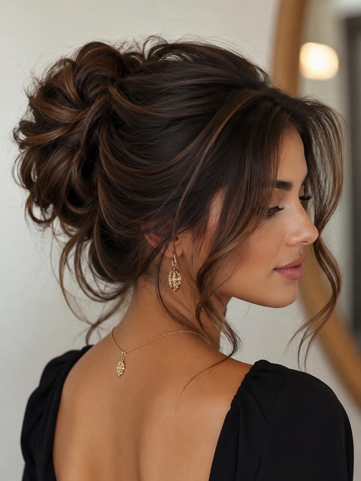 Wedding Updo Low Bun: How to Style 17 Beautiful Ideas 5 Brunette woman with a textured low bun and curled face-framing hair strands.