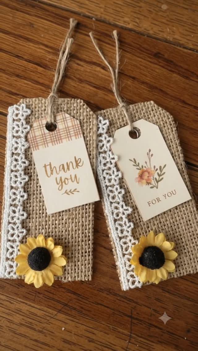 What Are the Best Western Themed Wedding Ideas? 37 Here 14 Burlap and lace gift tags with yellow sunflowers and thank you notes.