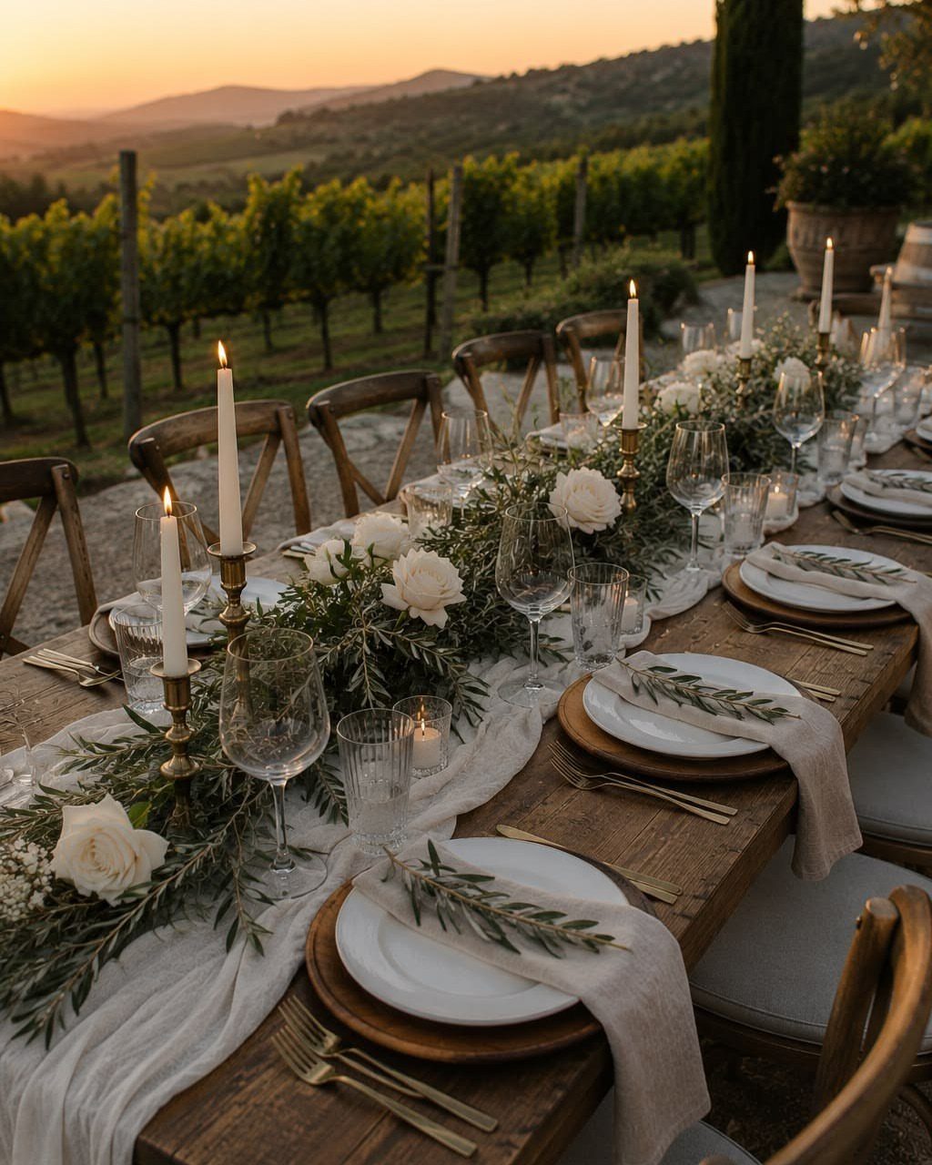 What Are the Best Western Themed Wedding Ideas? 37 Here 23 Wooden wedding table with white candles and greenery runner in a vineyard setting.