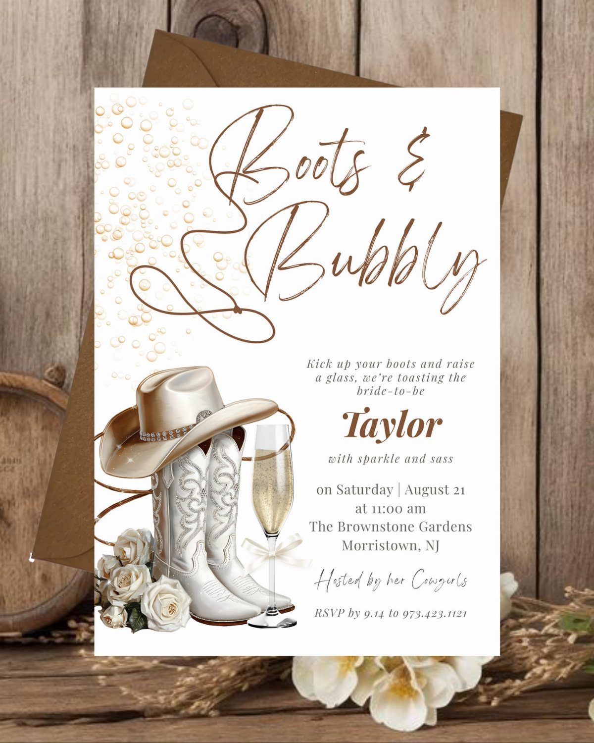 What Are the Best Western Themed Wedding Ideas? 37 Here 17 Bridal shower invitation featuring white cowboy boots, a hat, and champagne on wood.
