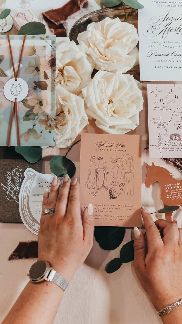 What Are the Best Western Themed Wedding Ideas? 37 Here 19 Kraft paper wedding invitation with western sketches surrounded by white roses and greenery.