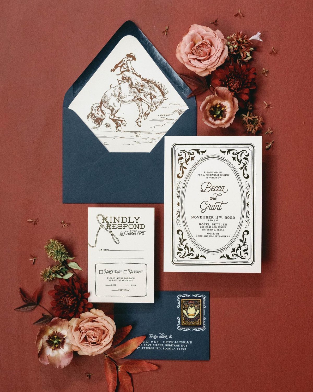 What Are the Best Western Themed Wedding Ideas? 37 Here 34 Wedding invitation suite with horse illustration and roses on a terracotta background.