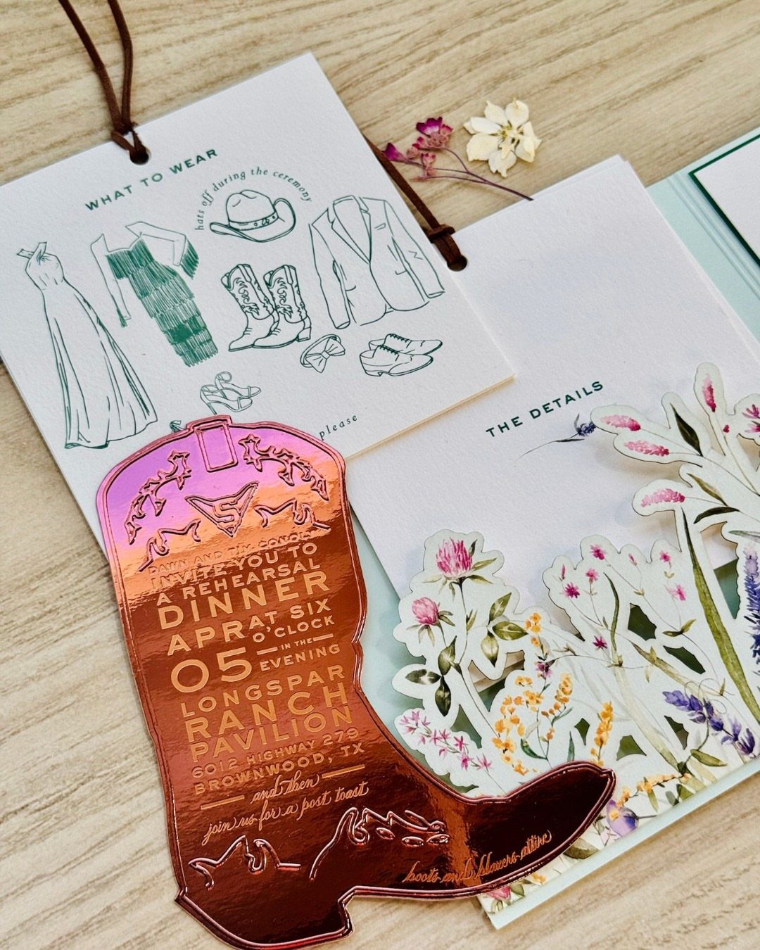 What Are the Best Western Themed Wedding Ideas? 37 Here 21 Boot-shaped rose gold foil invitation with western wedding stationery and floral details.