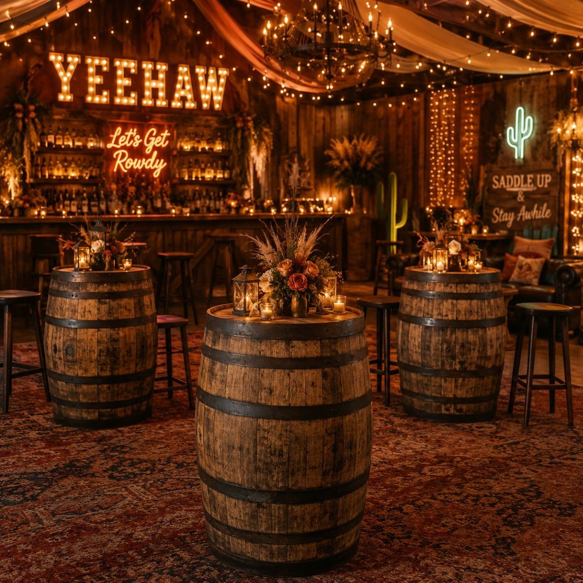 What Are the Best Western Themed Wedding Ideas? 37 Here 15 Rustic western bar with wooden barrel tables, neon signs, and warm ambient lighting.