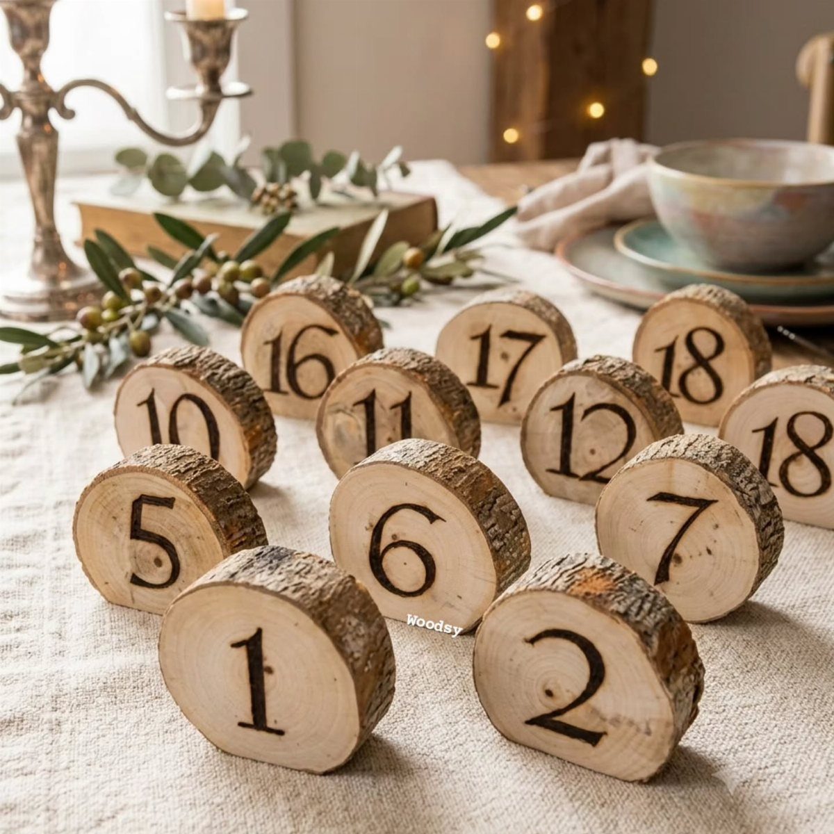 What Are the Best Western Themed Wedding Ideas? 37 Here 24 Wooden log slices with black numbers used as rustic wedding table markers.