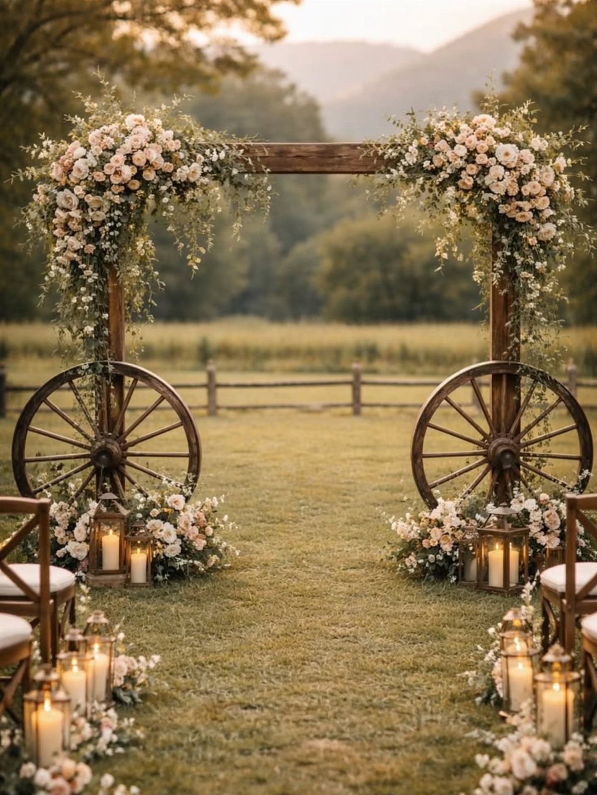 What Are the Best Western Themed Wedding Ideas? 37 Here 12 Wooden wedding arch decorated with pink roses and wagon wheels in a field