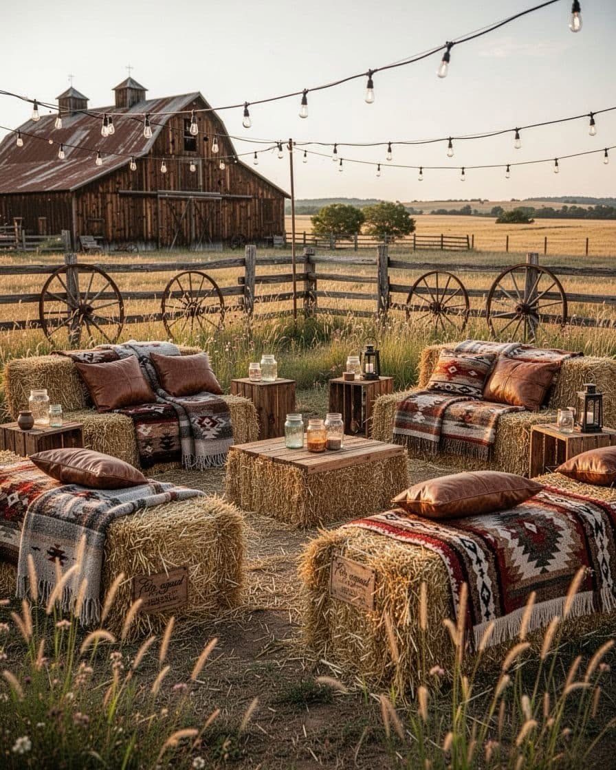 Hay bale lounge seating with blankets and pillows in front of a rustic barn.
