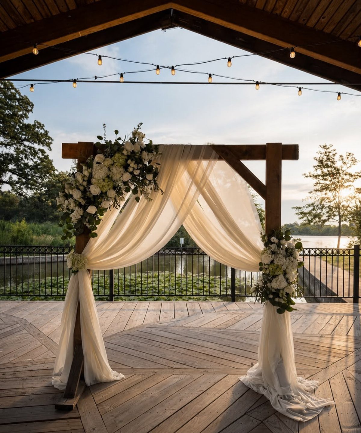 Rustic wooden wedding arch with white fabric and flowers on a wooden deck.