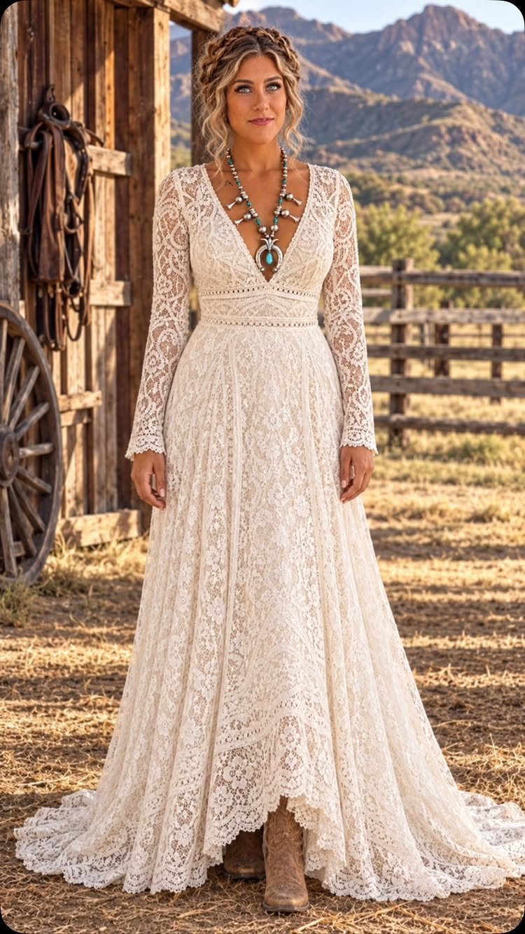 Woman in a lace wedding dress wearing a turquoise squash blossom necklace outdoors.