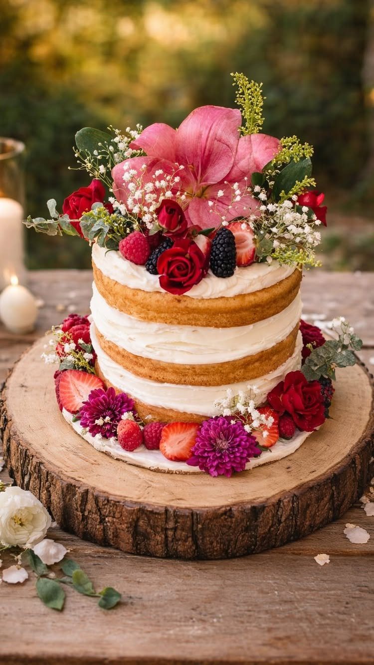 Whimsical Wildflower Wedding: 7 Decor Ideas That Feel Grown, Not Styled 4 A multi-layered naked cake decorated with fresh berries and vibrant red flowers on a wooden slice.