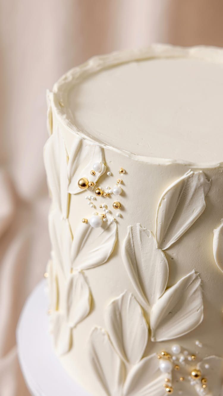9 White Buttercream Cake Ideas That Look Bakery-Worthy at Home 9 White buttercream cake decorated with textured leaf patterns and gold and white edible pearls.