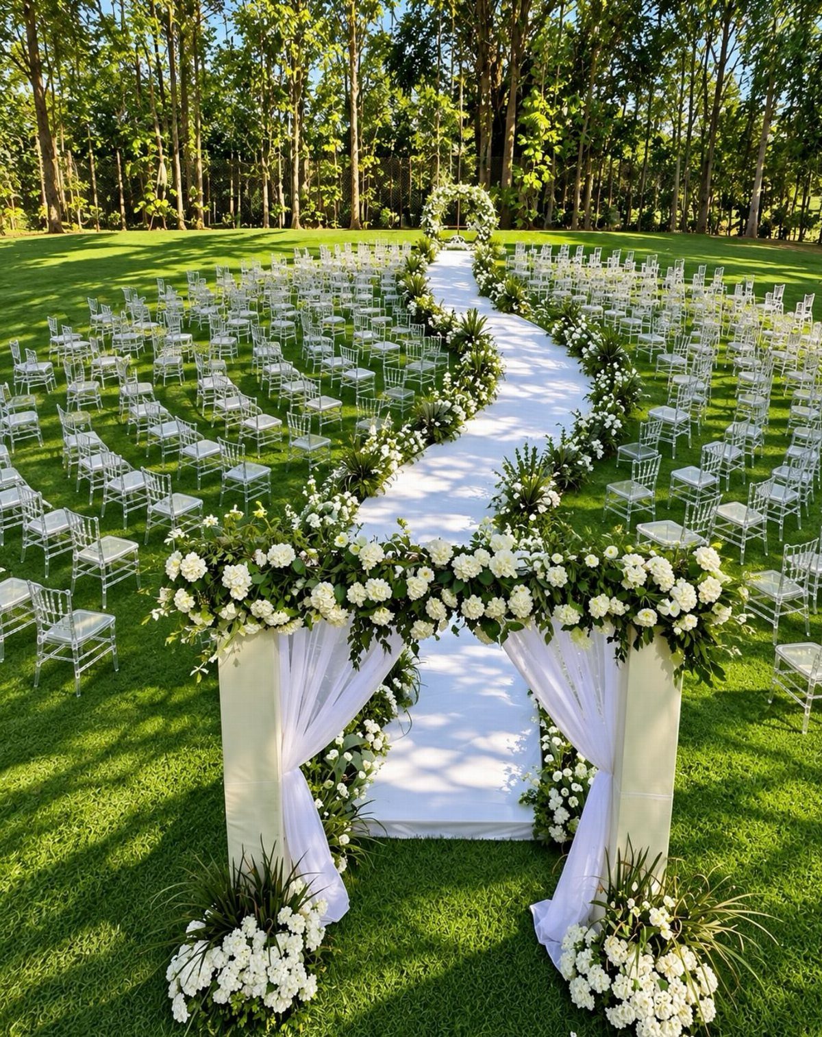 White Wedding Ideas: 23 Elegant Details for Your Big Day 6 Curved white aisle runner on green grass leading to a floral wedding arch.