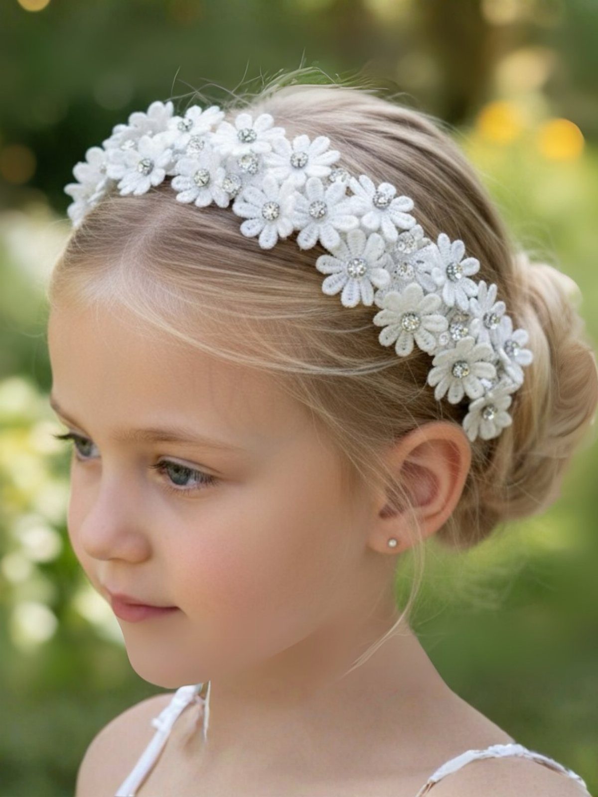 White Wedding Ideas: 23 Elegant Details for Your Big Day 19 Young girl wearing a white floral crown with sparkling gems in her blonde hair.