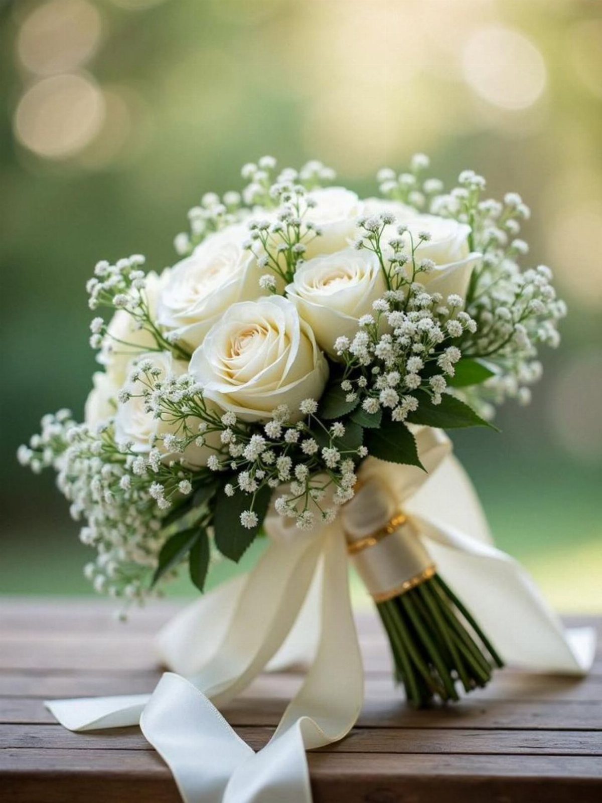 White Wedding Ideas: 23 Elegant Details for Your Big Day 9 White rose and baby's breath bridal bouquet tied with a white satin ribbon.