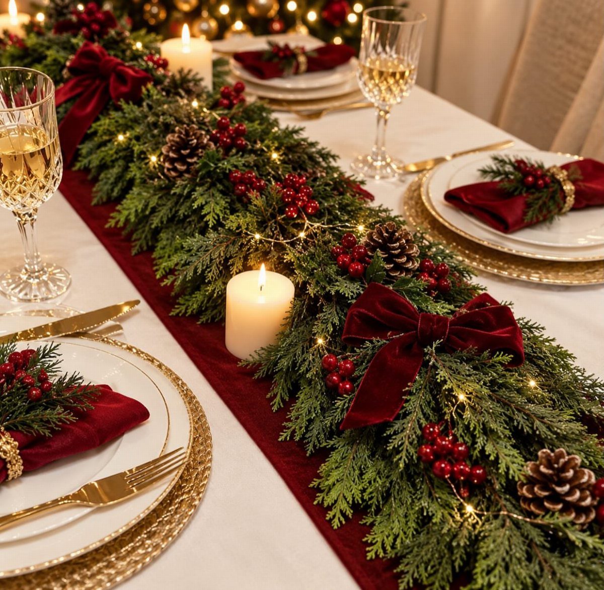 Evergreen garland with red berries and velvet bows on a festive wedding table.