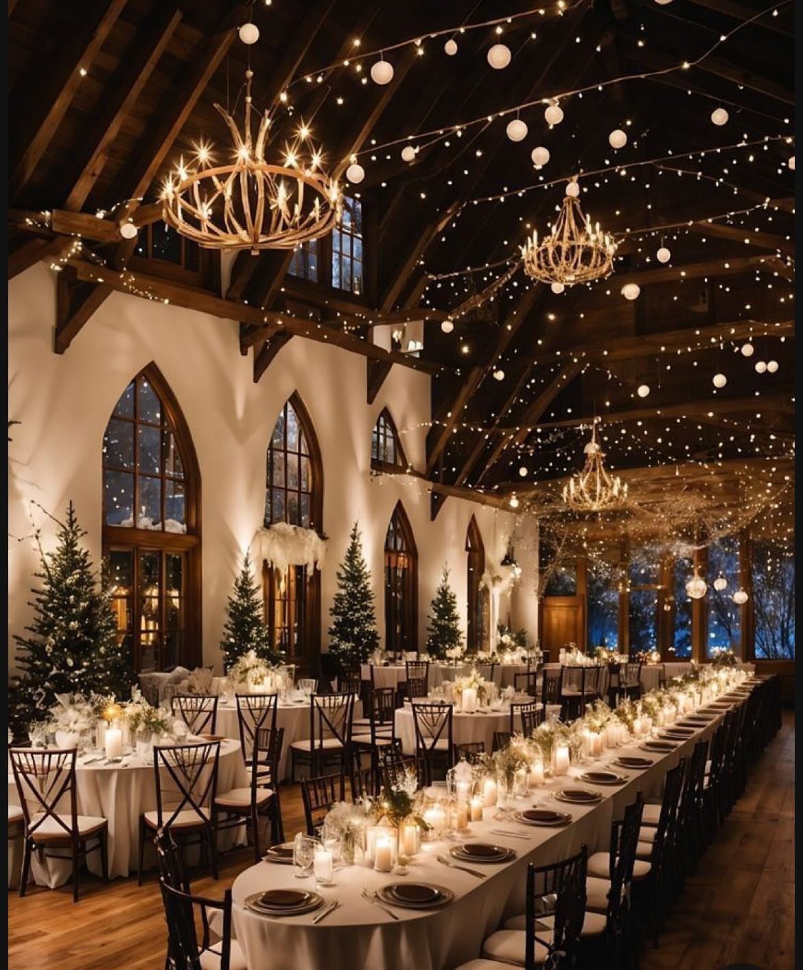 Wedding reception hall with long white tables, candlelight, and glowing string lights.